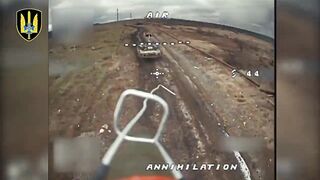 Russian Tank is Evaporated by a Drone that hits the Shells in the Tank
