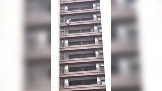Man Jumps off Building and he lands on Someone's Table Dining Inside Restaurant