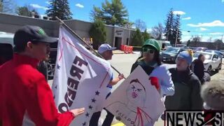 Pro Trump protestors confront an antagonizing leftist wearing a Luigi Mangione outfit