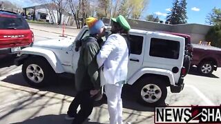 Pro Trump protestors confront an antagonizing leftist wearing a Luigi Mangione outfit