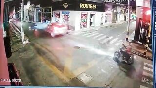 Spectacular Impact causes Double Riders Flying into Store Front