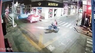 Spectacular Impact causes Double Riders Flying into Store Front