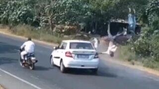 Car going Wrong Way Hits Scooter Guy who is Thrown Sky High