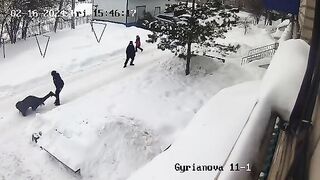 Russian Little Kid Kicks Elderly Man Down then throws a Snowball to Boot
