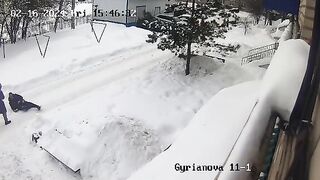 Russian Little Kid Kicks Elderly Man Down then throws a Snowball to Boot