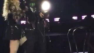 Someone Getting Fired!!!... Old Ass Madonna Wipes out When Dancer Pulls Chair too Quickly.. Lol