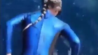 Blonde Diver almost Jumps into Shark's Mouth