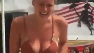 Poor Girl in Bikini loses her Bottom while on Mech Bull..but her hot Friends Show Up to comfort Her