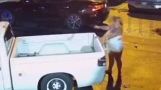 Blonde Trashy Woman (in white) Shoots Girl in Parking Lot with Her Boyfriend