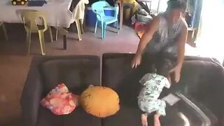 CCTV footage of a grandmother trying to protect her grandchild during the earthquake.
