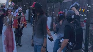 Far-left anti-ICE activists pour ‘gasoline’ on Trump superfan outside LA detention center