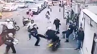 Criminal on Motorcycle takes out Elderly Woman on the Sidewalk...Poor Lady