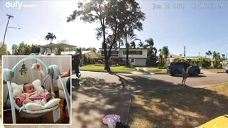 Woman tries to run after her car as it is stolen out of her driveway, and the thieves take off with her baby in the car.