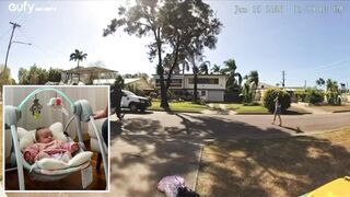 Woman tries to run after her car as it is stolen out of her driveway, and the thieves take off with her baby in the car.