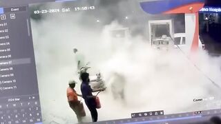 Man Gassing up his Motorcycle decides to Burn Himself Alive instead (2 Angles) Saturday Night