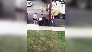 Lazy Weak Garbage Men Can't Lift Lady's Garbage..... She Does it Herself.