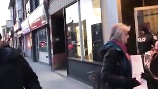 Based Chef Sets up in Front Window Right in Front of Vegan Protesters.