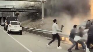 Incredible Moment 3 Good Samaritans Save Man From Burning Car as Women Just Watch.