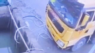Truck Driver tries to Stop his Truck with his Bare Hands..Lucky the Wall was Suck Shite