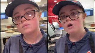 A foul-mouthed black woman berates a white female dominos employees.