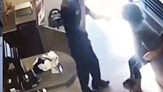 Fired Femal waitress shit , picks up shit from the floor and throws it at her boss