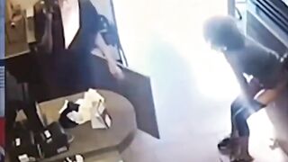 Fired Femal waitress shit , picks up shit from the floor and throws it at her boss