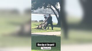 Two men get into a fight then their dogs start fighting