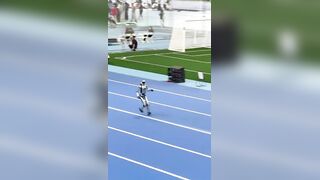 Whoops, A Robot ran too fast to stop, crashed into the cushion and broke its waist.