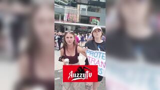 Toronto man confront woman holding Protect Trans Kids sign before yesterday WNBA game