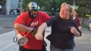 Anti-Trump radical i put a woman in a headlock at the ongoing protests outside the Hasan Piker speaking event