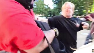 Anti-Trump radical i put a woman in a headlock at the ongoing protests outside the Hasan Piker speaking event