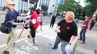 Anti-Trump radical i put a woman in a headlock at the ongoing protests outside the Hasan Piker speaking event