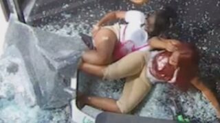 Two juveniles crash through the glass storefront while operating a lime scooter in Baltimore