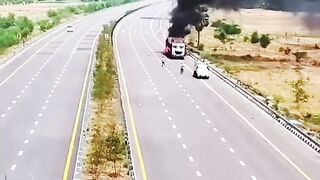 Speeding Biker Crashes into Parked Truck on Highway and Burns Alive