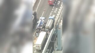 Car Crushed between 2 Big Trucks down to only 30 CM