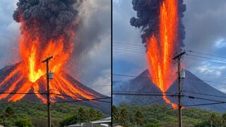A very close-up shot captures the terrifying moment a volcano erupts in Indonesia.