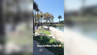 Woman in MacArthur Park chugs filthy fountain water and douses herself with it. This