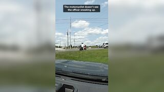 Officer Sneaks Up And Tackles Motorcycle Rider Who Fled From Crash Scene