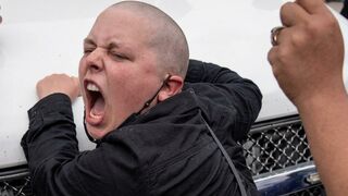 chunky anti-ICE protester in NJ who throws herself on an ICE vehicle