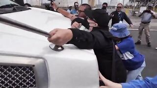 chunky anti-ICE protester in NJ who throws herself on an ICE vehicle