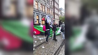 A huge Palestinian flag was unfurled from a building above an H&M store in Amsterdam during a pro-Israel demonstration