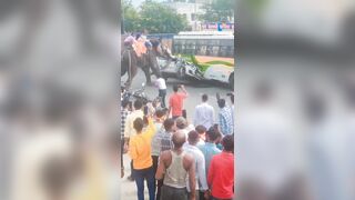 A furious elephant caught stomping on and damaging a car