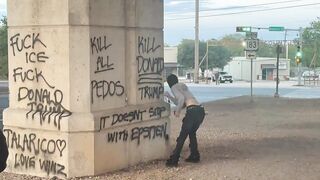 Anti-ICE rioters are now out spraypainting “KlLL DONALD TRUMP” on columns at the site