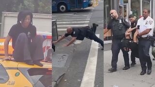 Obese officer falls on stomach chasing a drugged-up criminal who jumps off a taxi