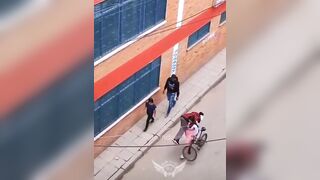 Colombian girl take her drunk boyfriend and his bike to home