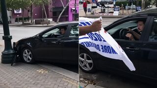 He spits on the Trump flag, speeds off, plows into a pole, cops show up.