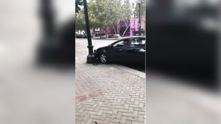 He spits on the Trump flag, speeds off, plows into a pole, cops show up.