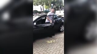 He spits on the Trump flag, speeds off, plows into a pole, cops show up.