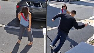 MAN RANDOMLY HURLS HAMMER at WOMAN then BOLTS