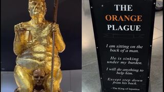Golden statue of naked Trump called 'Orange Plague' appears at European Parliament